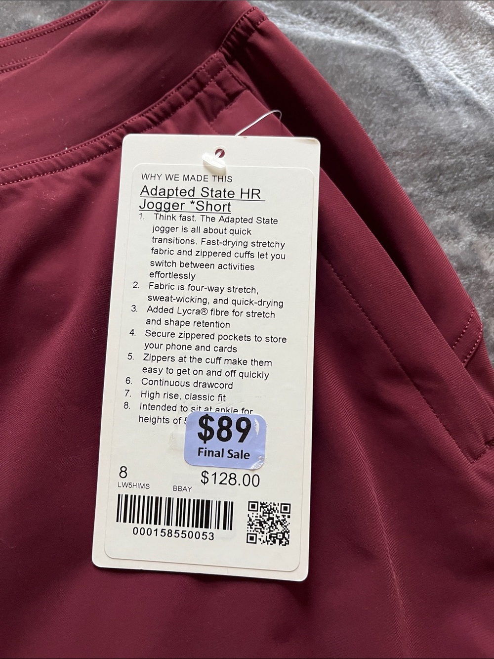 🆕 Lululemon Adapted State HR Jogger *Short, in Burgundy Bay, size 8 - Picture 8 of 8